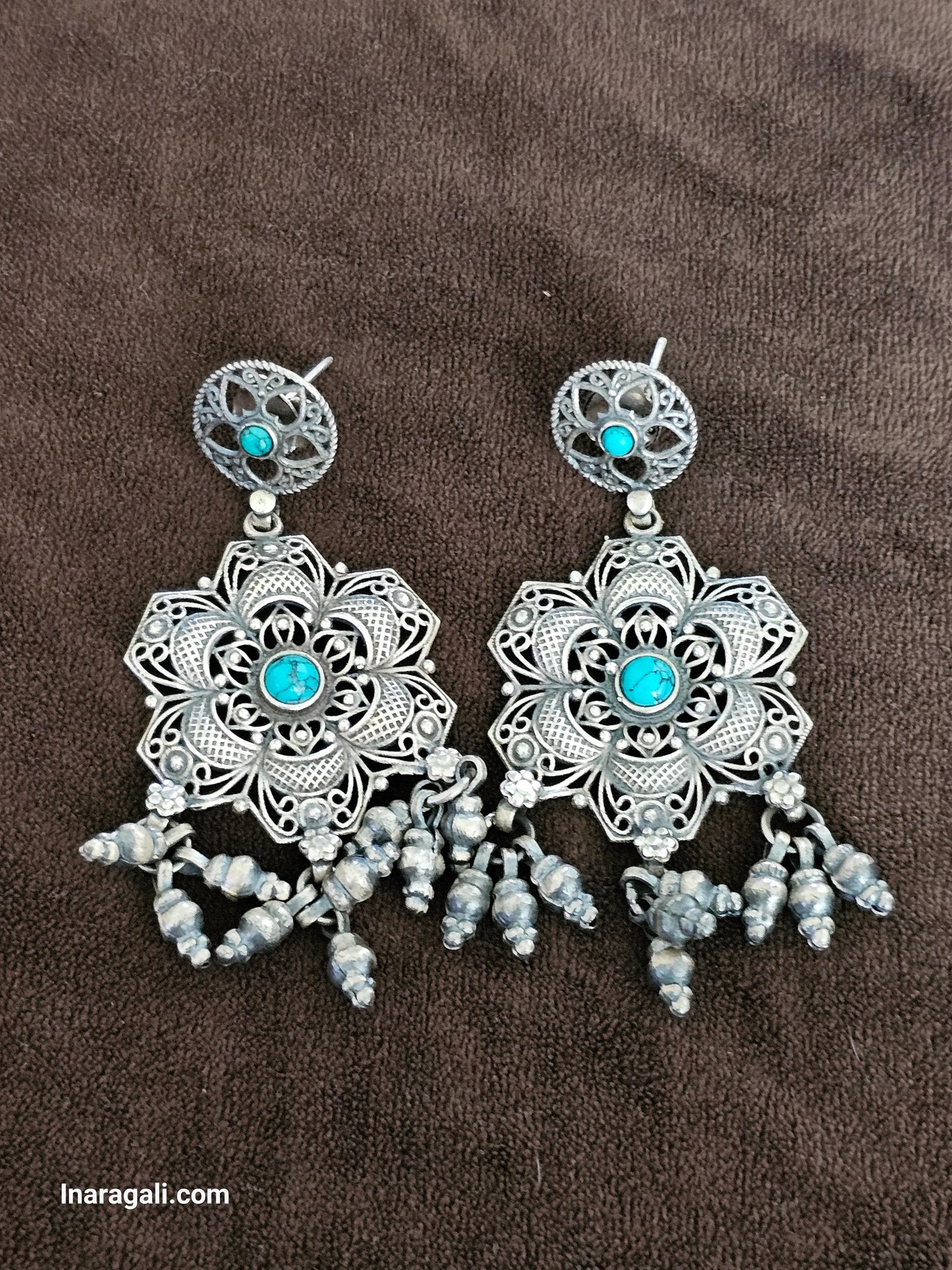 Turquoise Flower Silver Earrings Jhumka