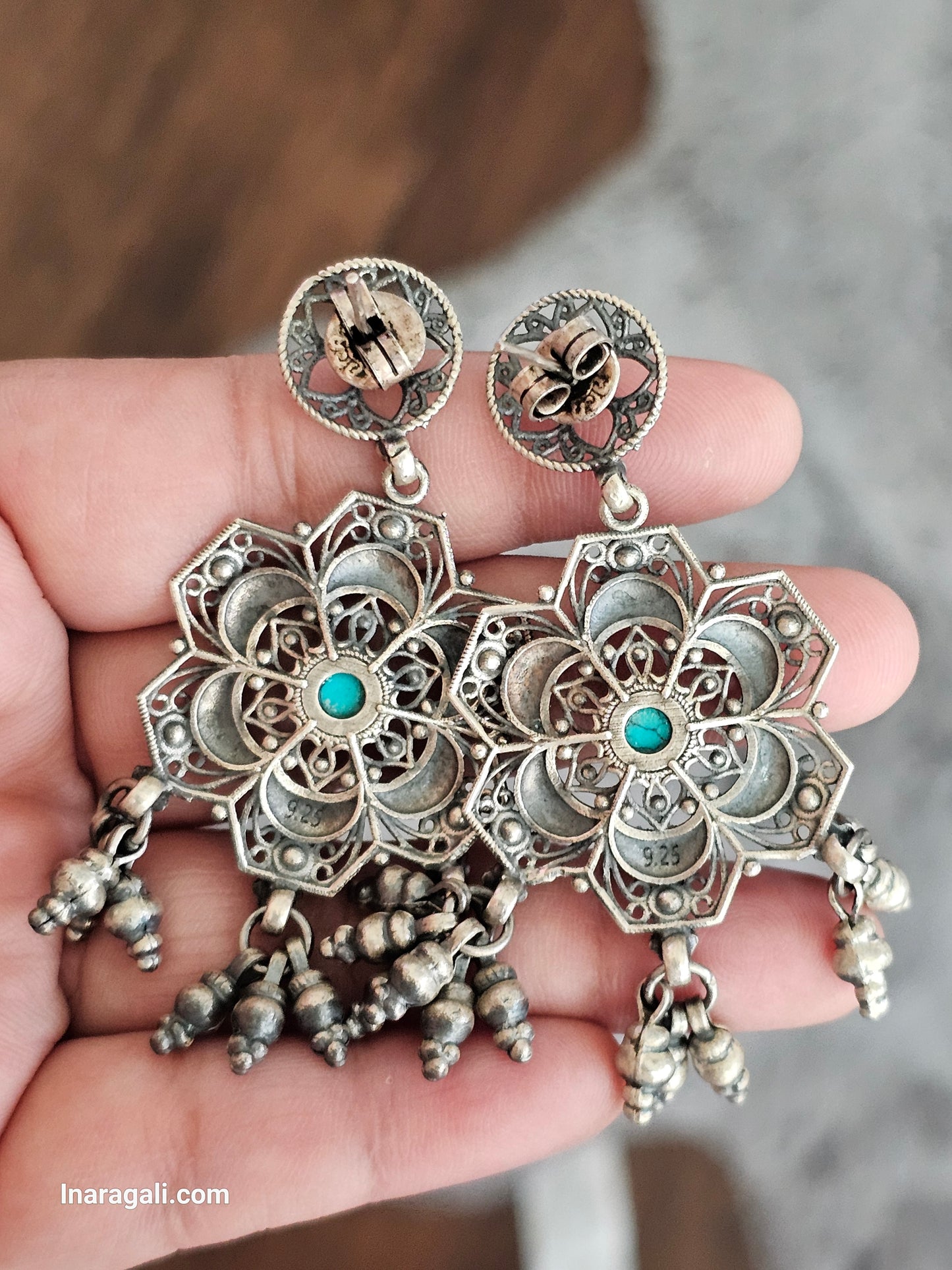 Turquoise Flower Silver Earrings Jhumka