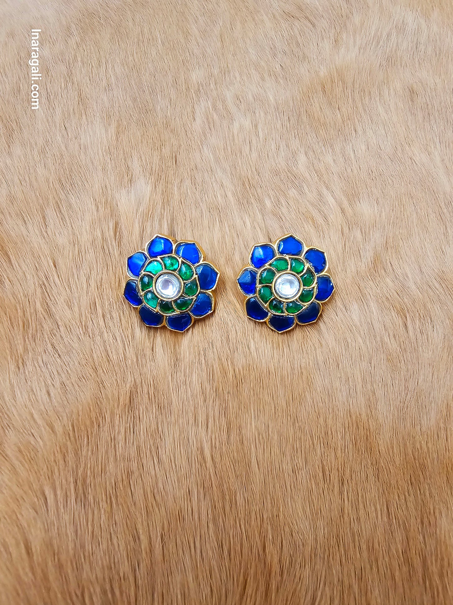Blue and Green Kundan Stud with Gold Plating - Inara Gali
