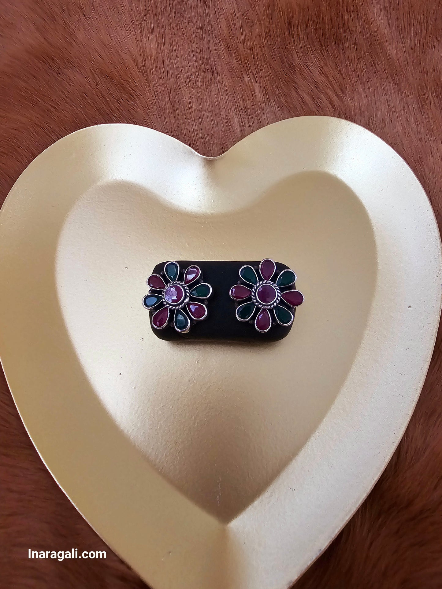 Impactful Red And Green Stonework Silver Stud Earring - Inara Gali