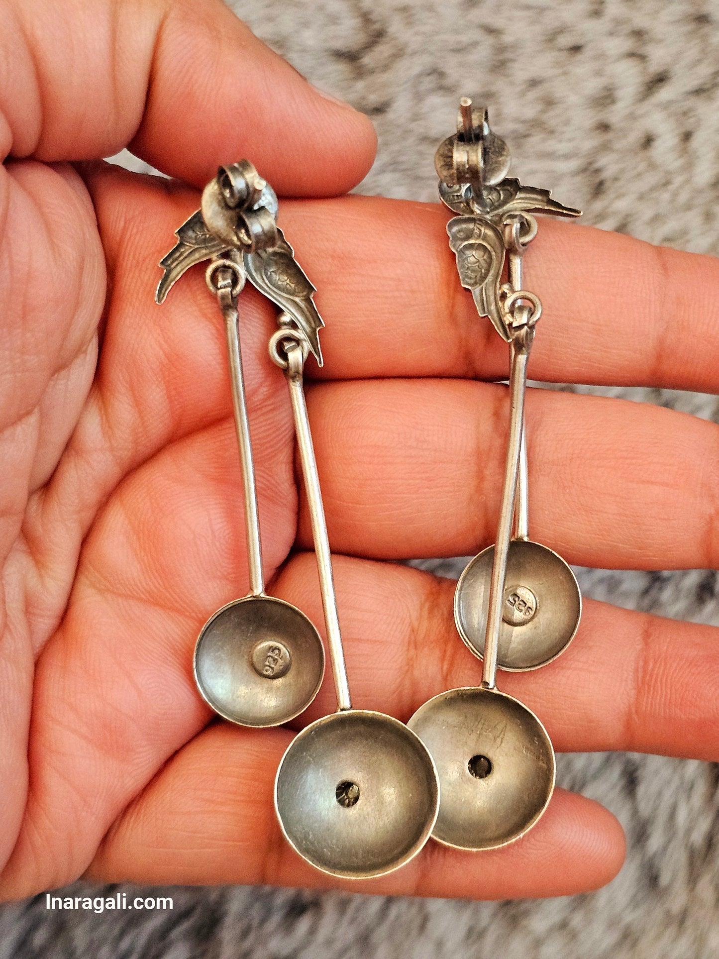 Oxidize Silver Bird Earrings With Double Circle Dangler - Inara Gali