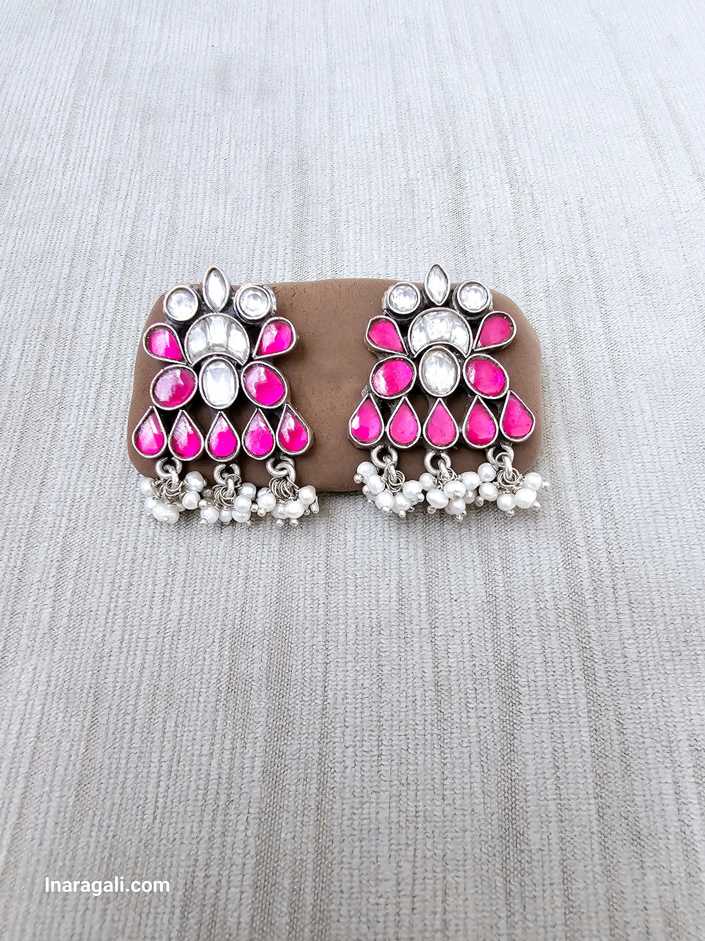 Pink And White Statement Kundan Stud - Inara Gali