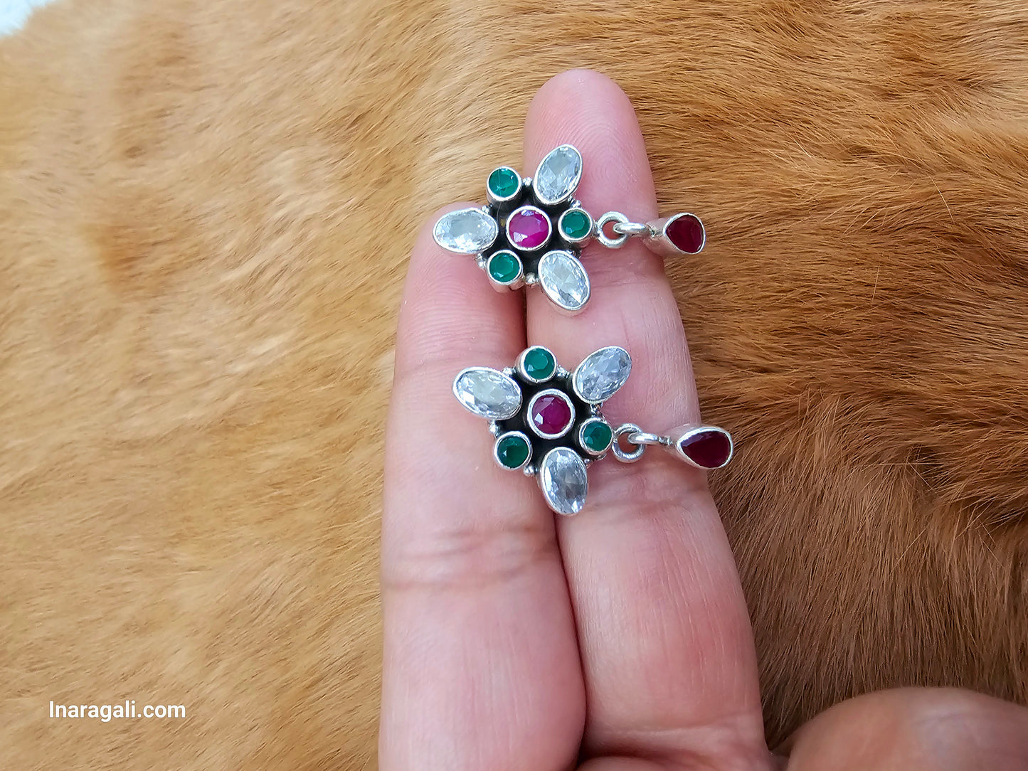 Colorful Tringle Cut Stone Silver Stud Earring.