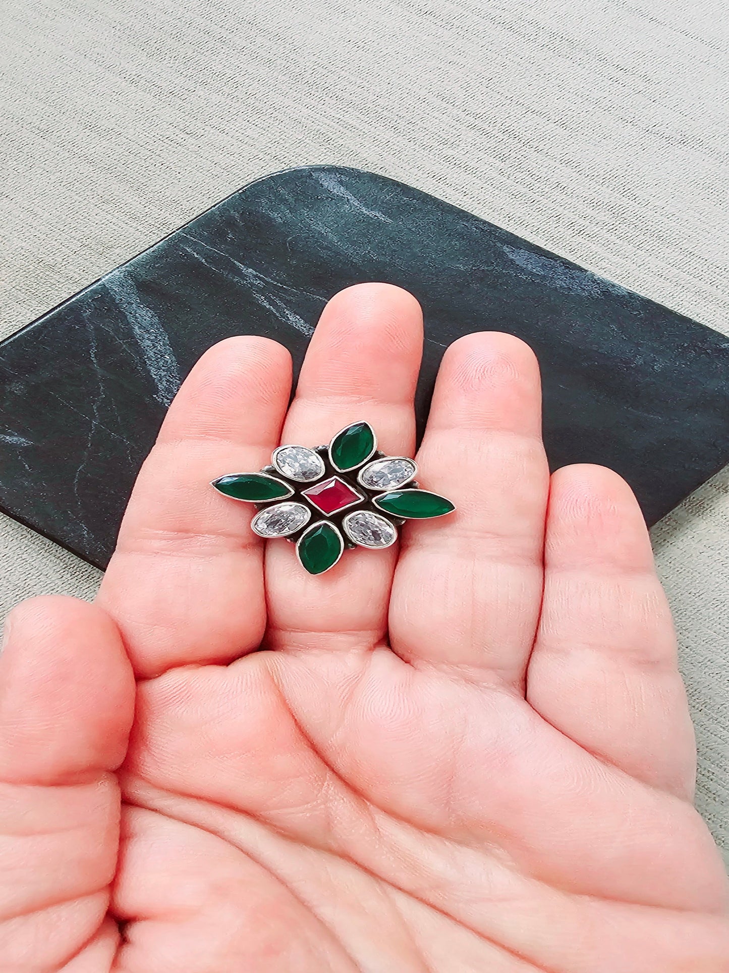 Red, Green And White Adjustable Silver Cocktail Ring