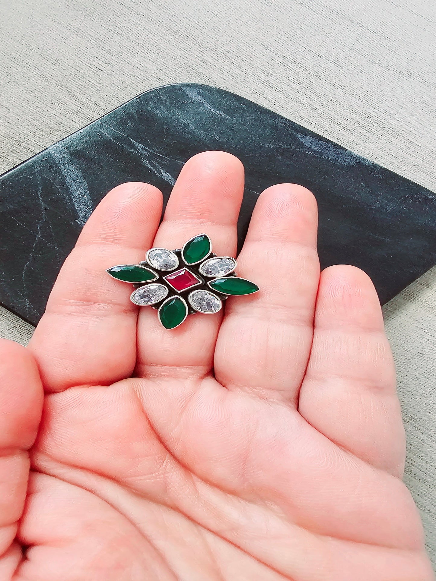 Red, Green And White Adjustable Cocktail Silver Ring