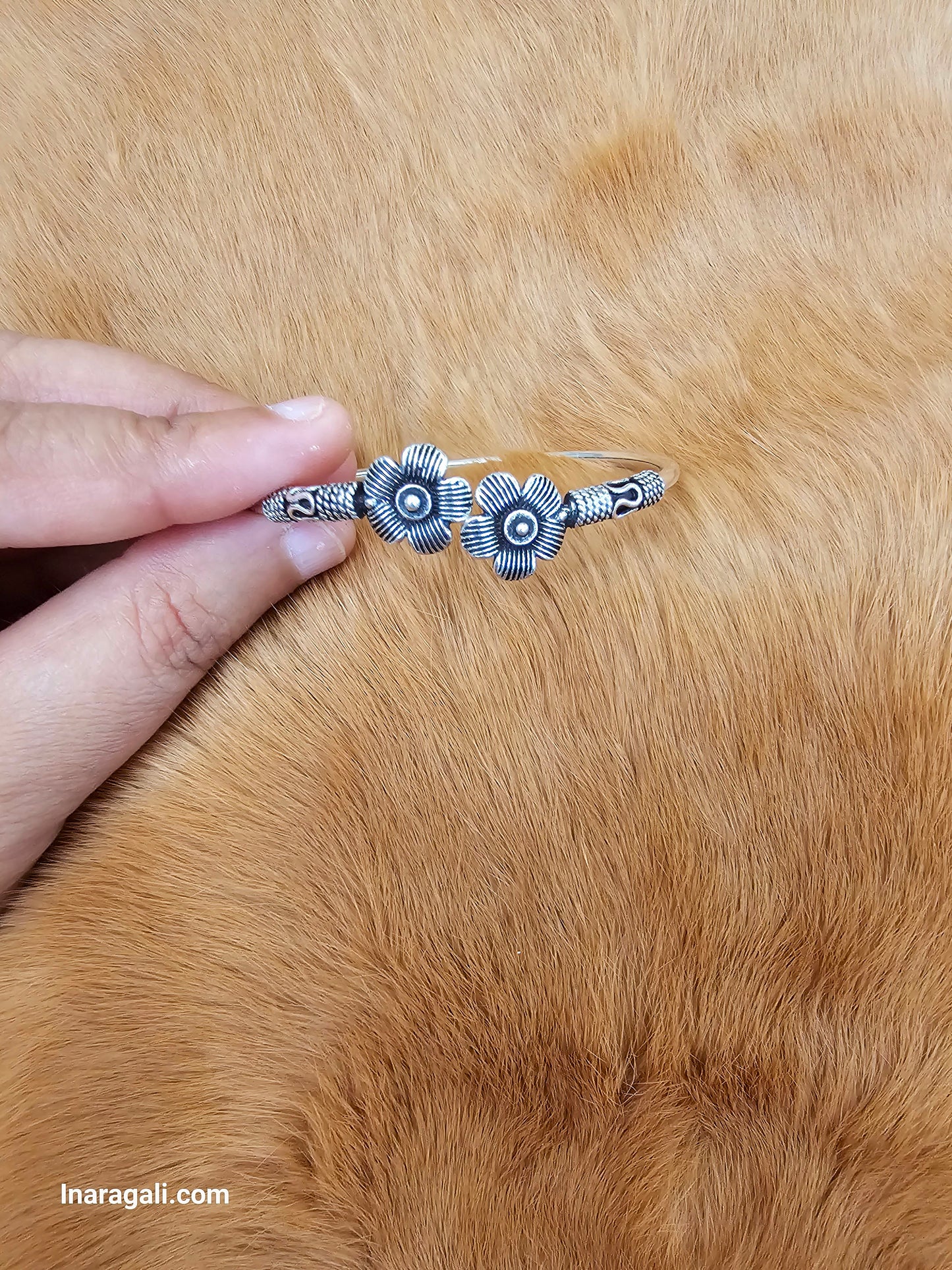 Oxidized Silver Flower Bangle-Inaragali