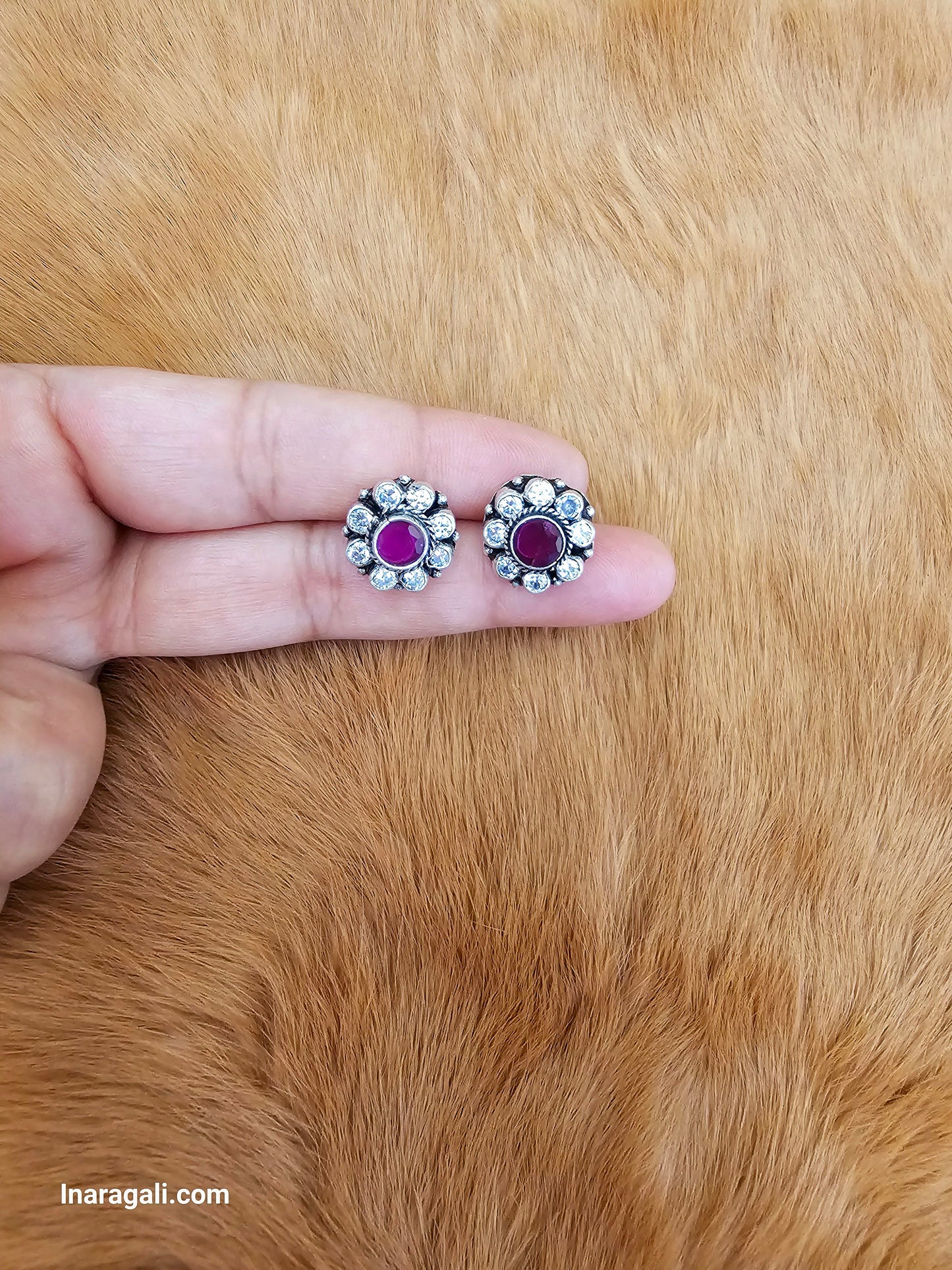 Sparkling Red And White Stonework Silver Stud Earring- Inaragali