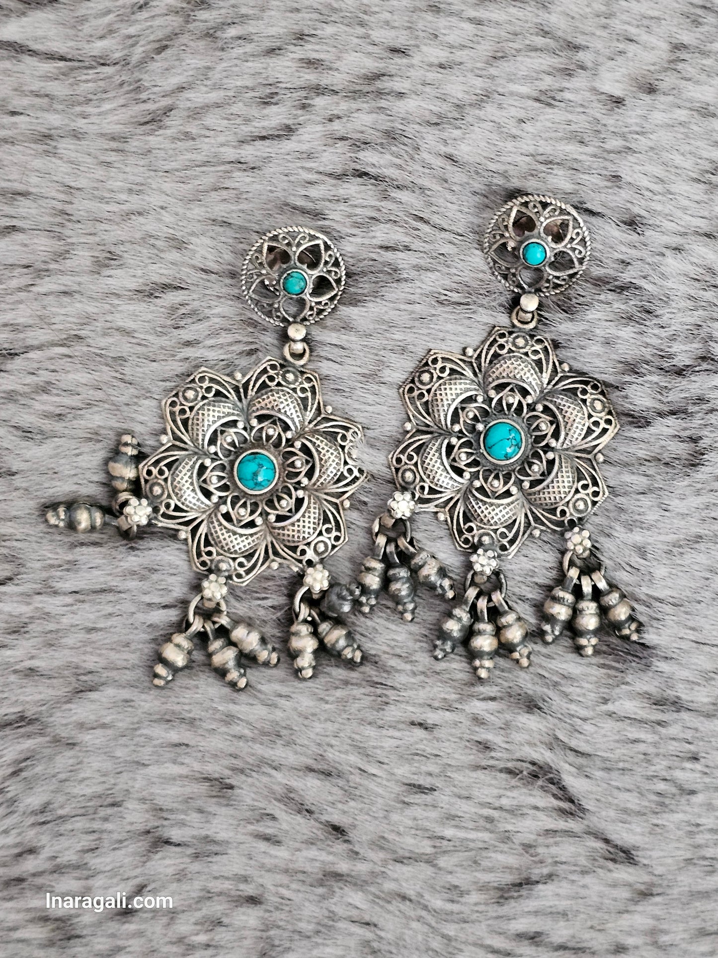 Turquoise Flower Silver Earrings Jhumka