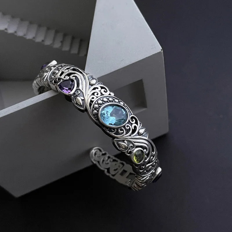 Blue Purple Stone Pure Silver Bracelet - Inara Gali