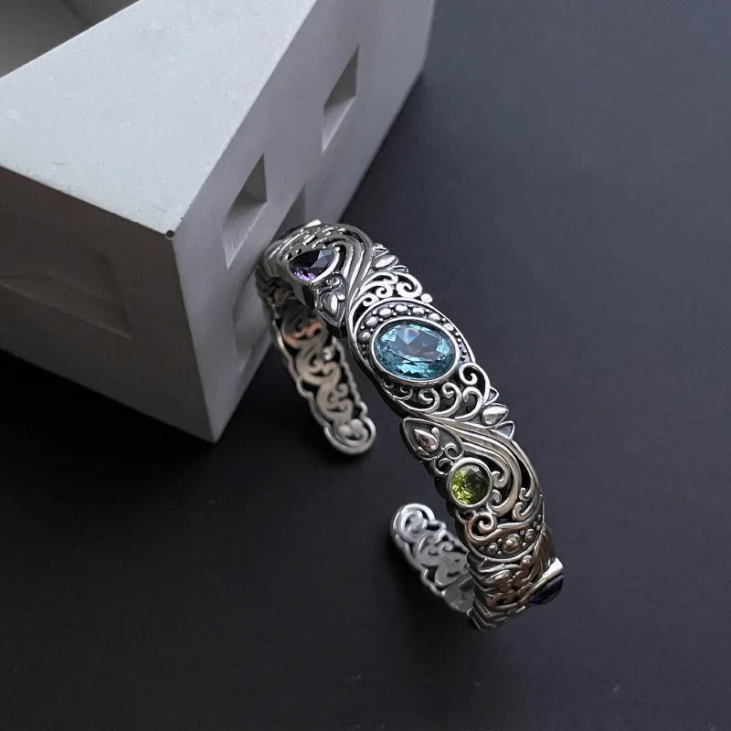 Blue Purple Stone Pure Silver Bracelet - Inara Gali