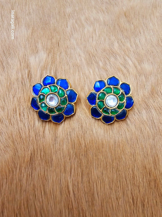 Blue and Green Kundan Stud with Gold Plating - Inara Gali