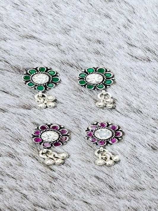 Colorful Cut Stone Flowery Silver Earring With Simple Drops. - Inara Gali