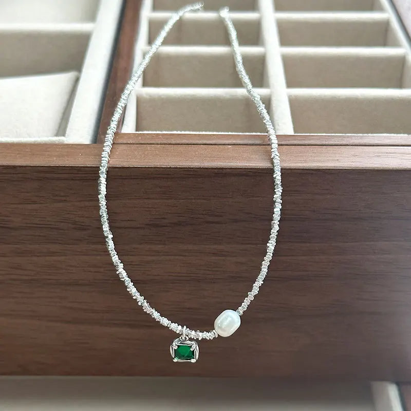 Freshwater Pearl Green Zircon Pendant Necklace - Inara Gali