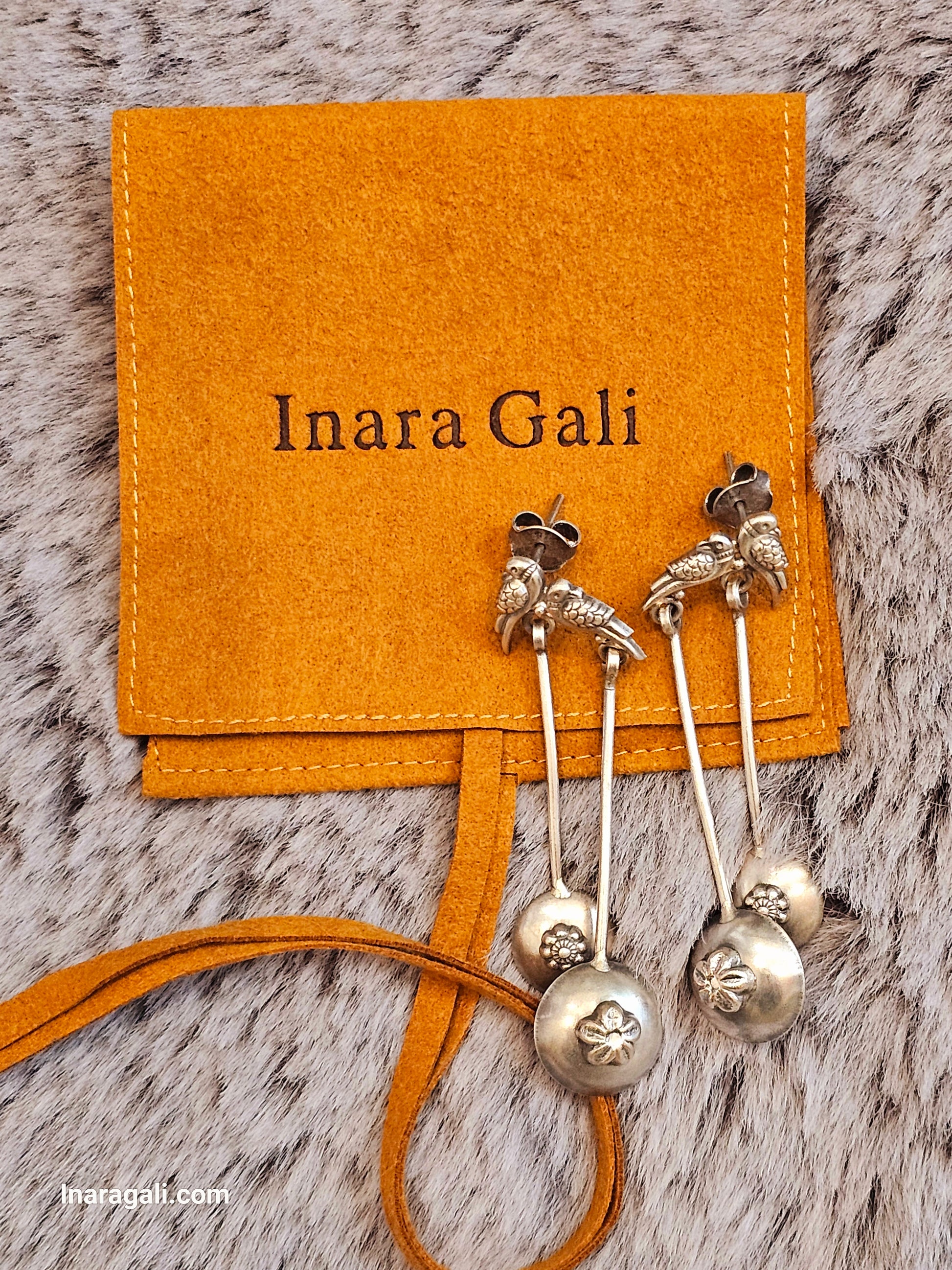 Oxidize Silver Bird Earrings With Double Circle Dangler - Inara Gali