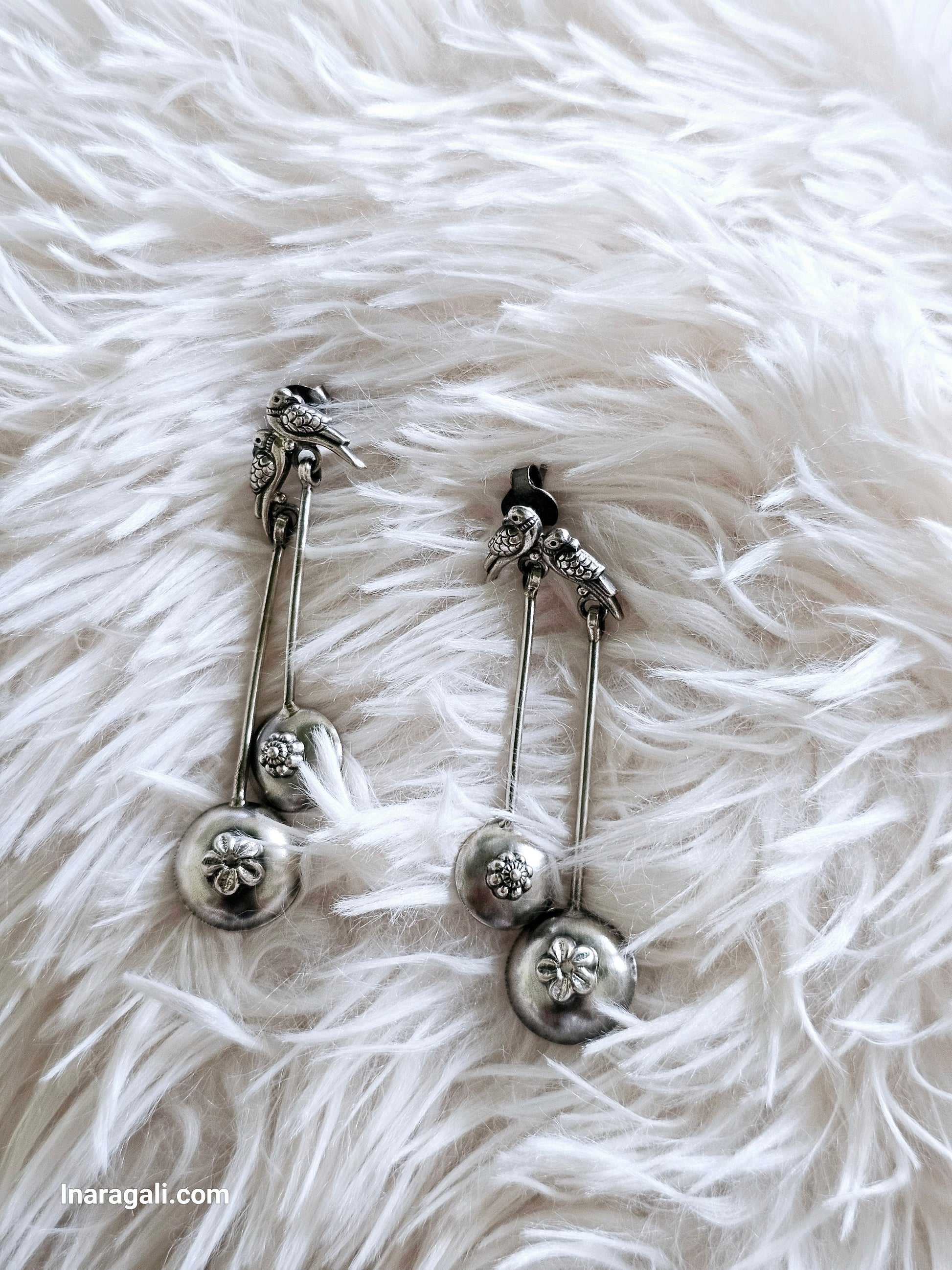 Oxidize Silver Bird Earrings With Double Circle Dangler - Inara Gali