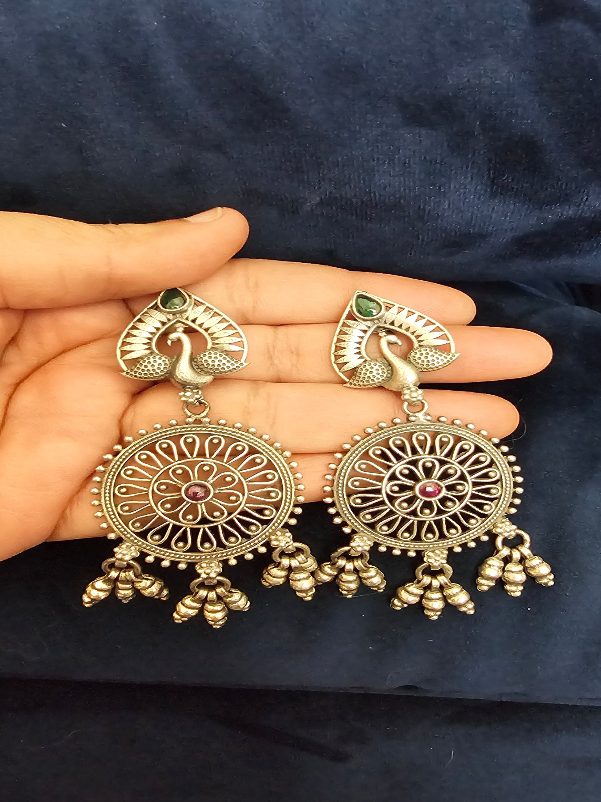 Peacock With Round Circle Oxidize Silver Jhumka Earring - Inara Gali