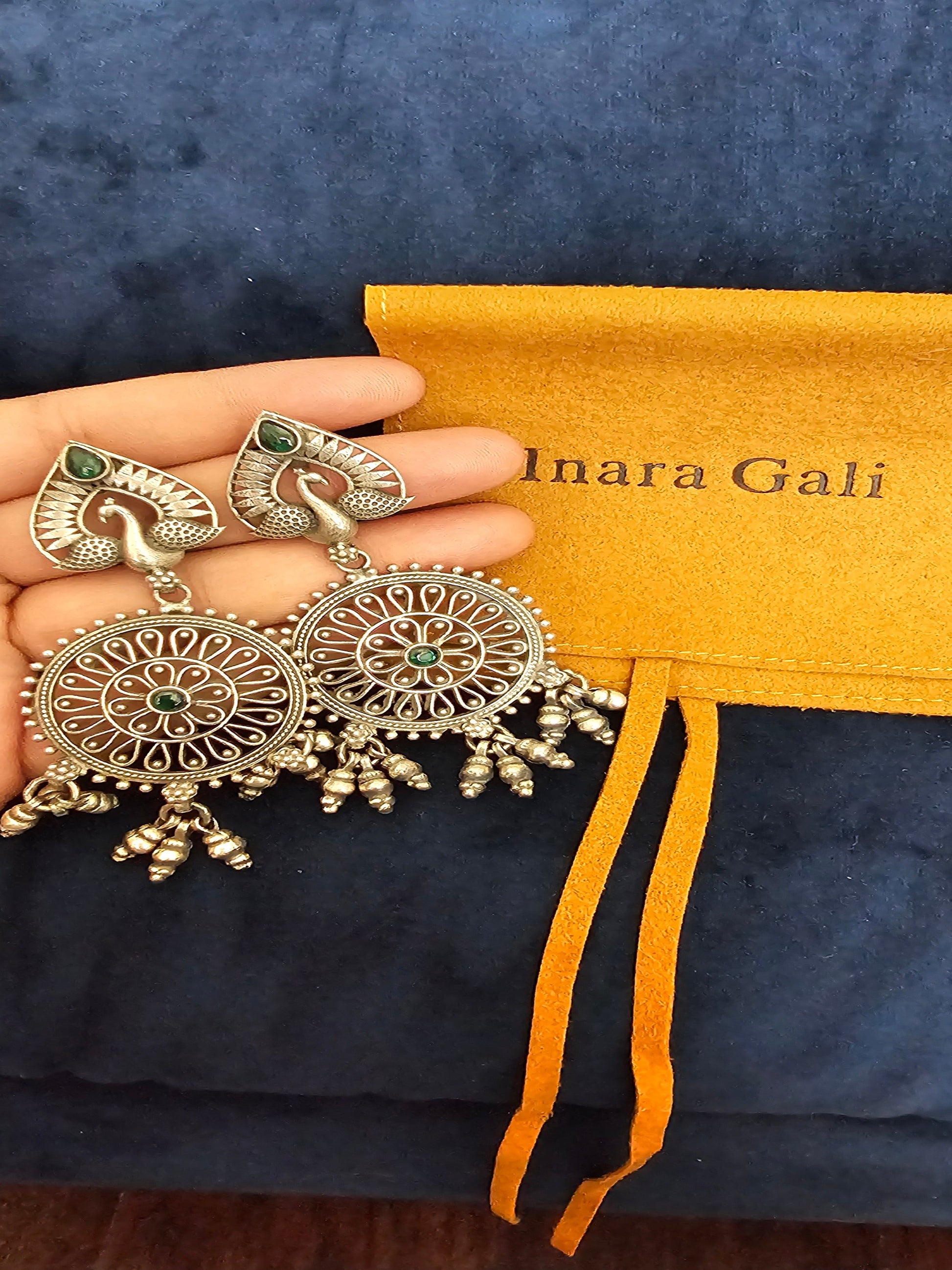 Peacock With Round Circle Oxidize Silver Jhumka Earring - Inara Gali