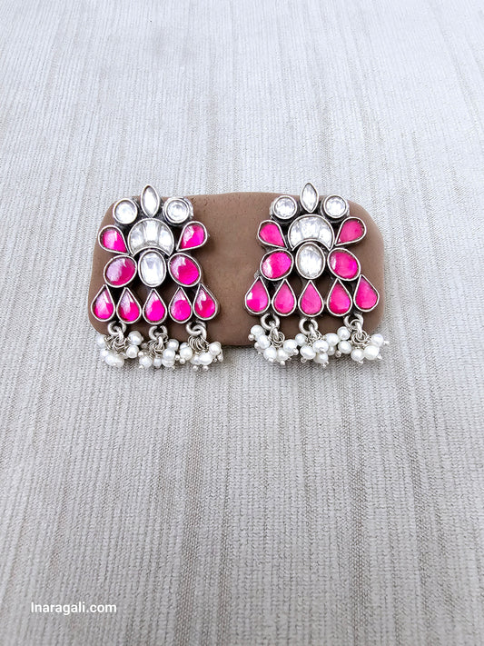 Pink And White Statement Kundan Stud - Inara Gali