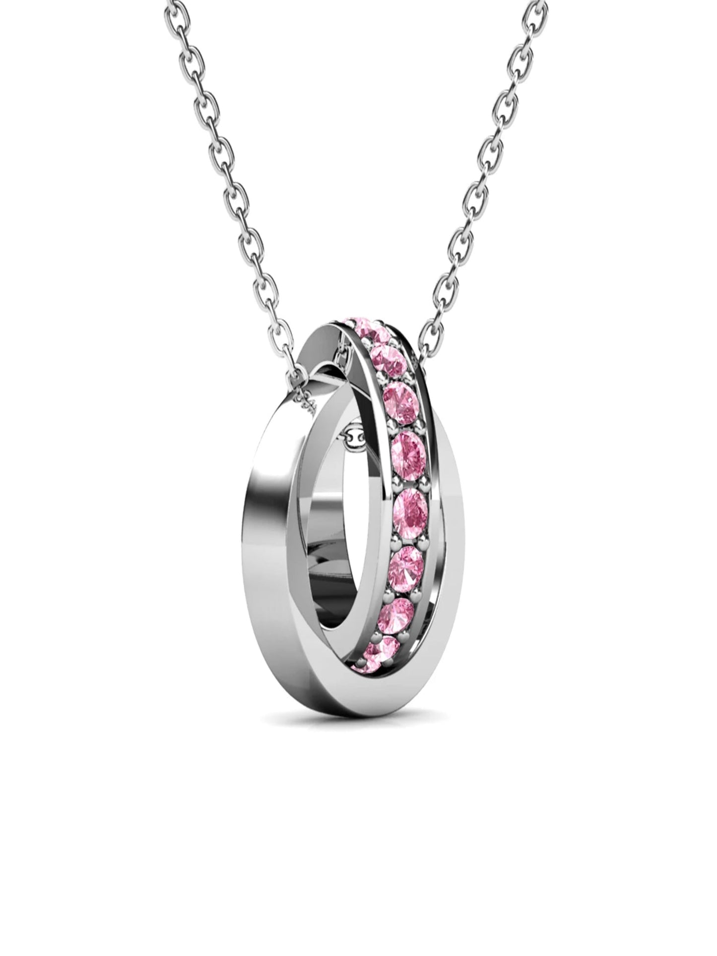 Silver Interlocking Ring Pendant Necklace With Pink Crystal - Inara Gali