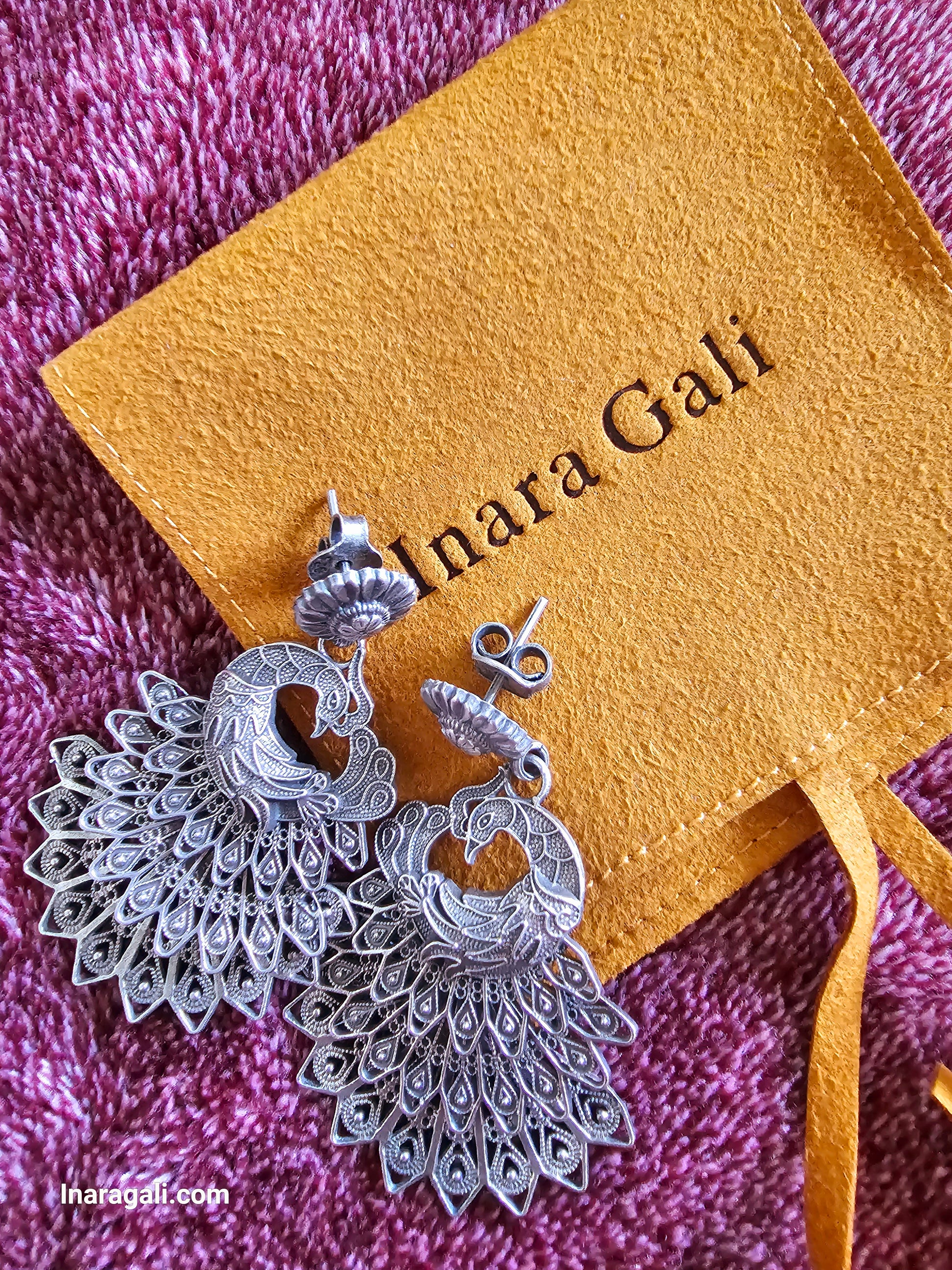 Silver Peacock Feather Train Earring - Inara Gali