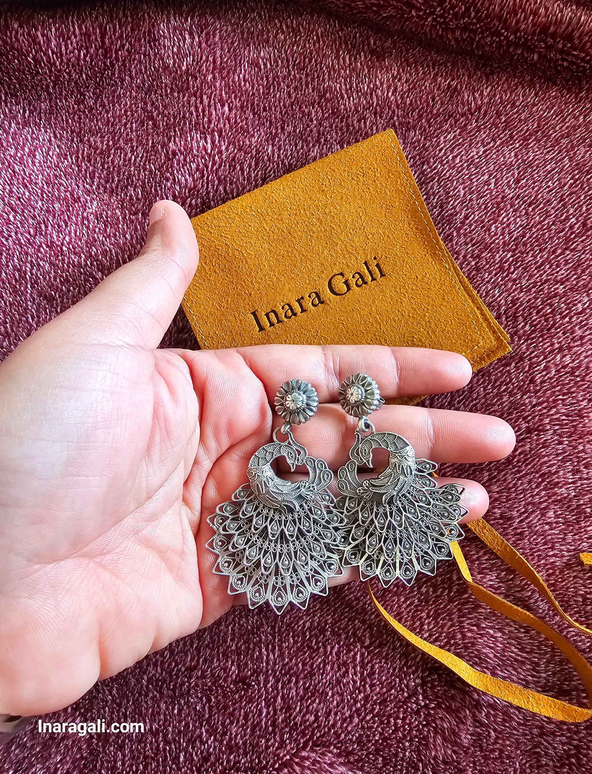 Silver Peacock Feather Train Earring - Inara Gali