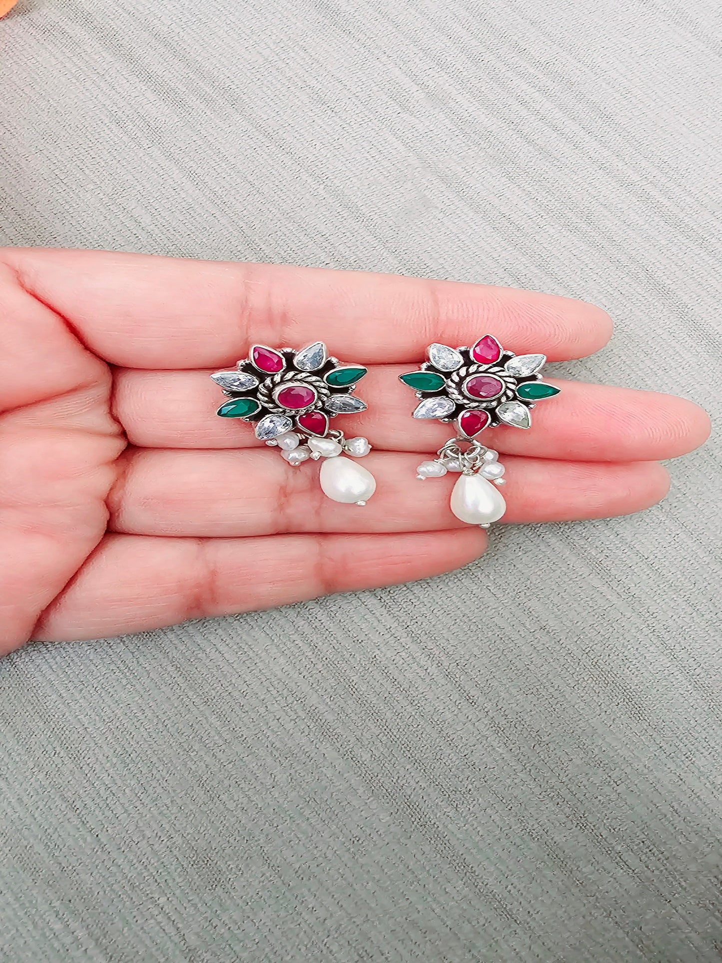 Sparkling Pearls Colorful Cut Stone Flowery Silver Earring - Inara Gali