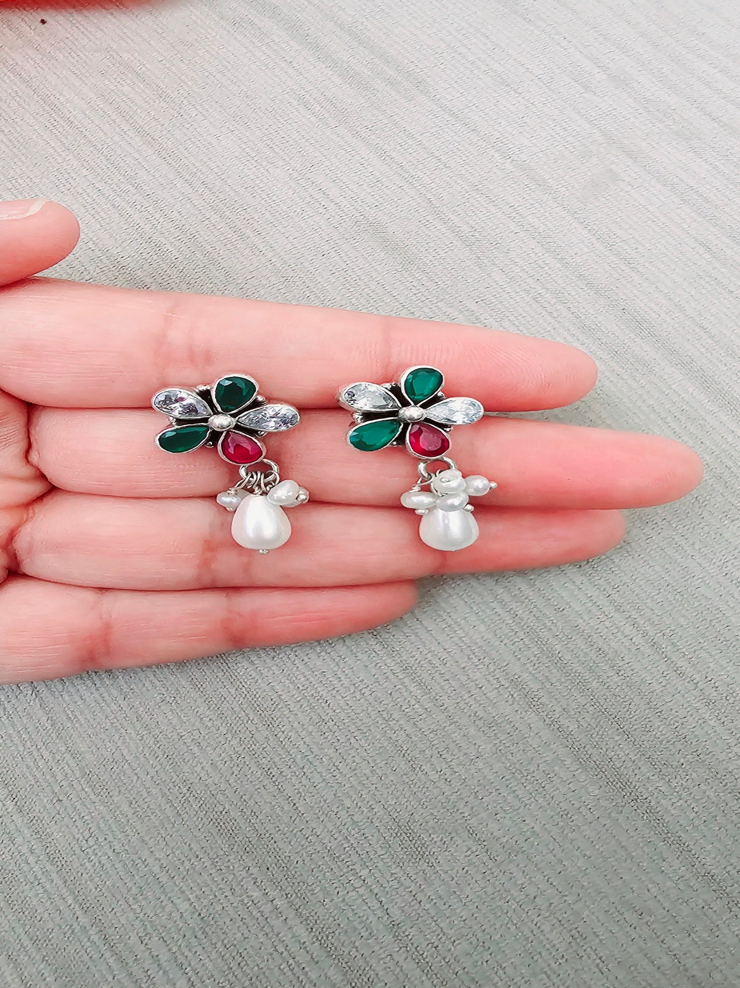 Sparkling Pearls Colorful Cut Stone Flowery Silver Earring - Inara Gali