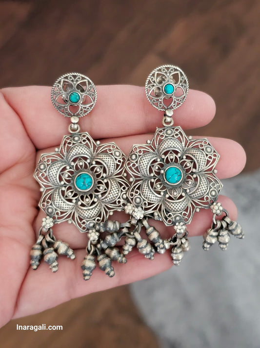 Turquoise Flower Silver Earrings Jhumka - Inara Gali