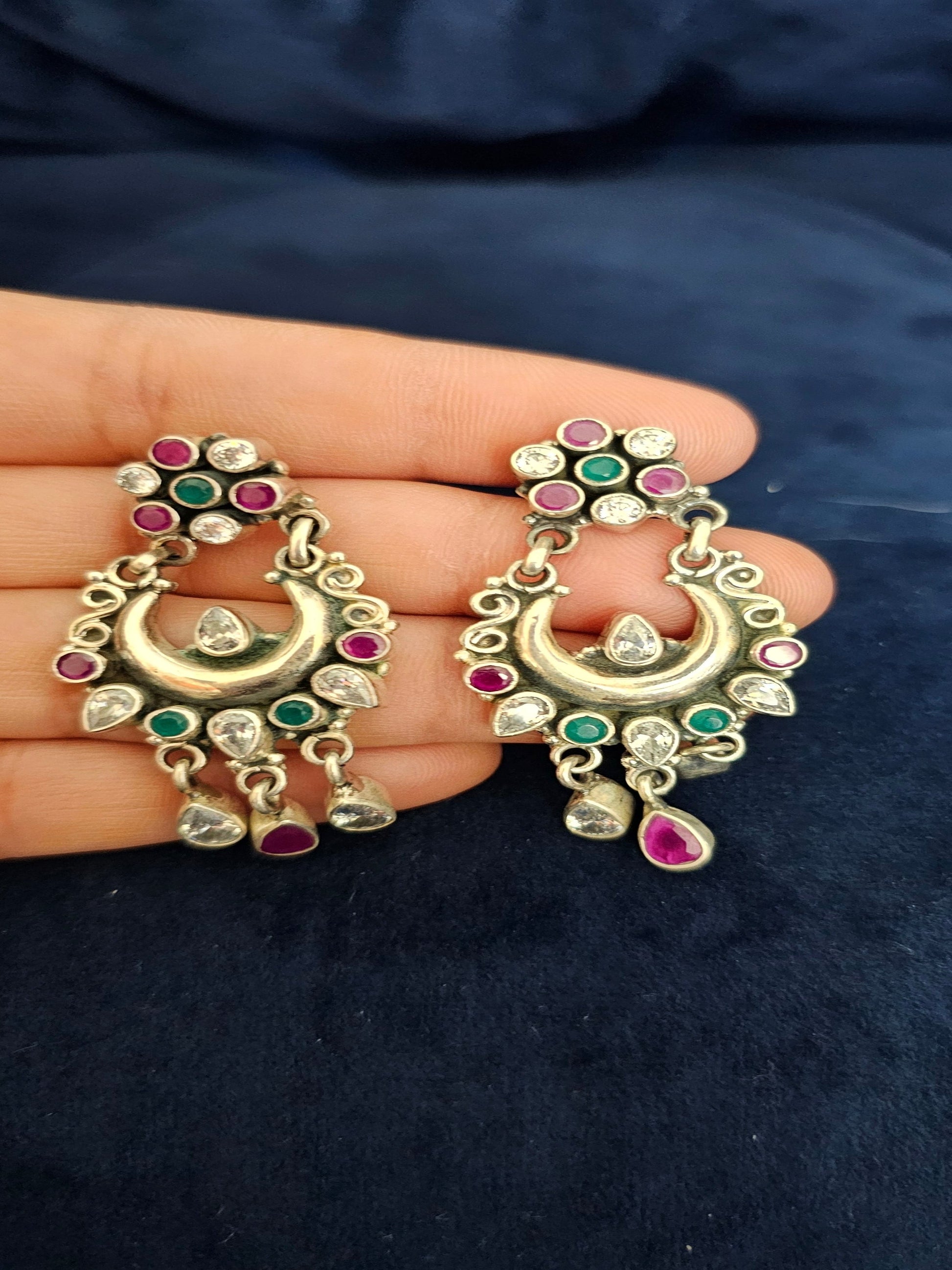 U-Shape Stone Studded Silver Jhumka Earring - Inara Gali