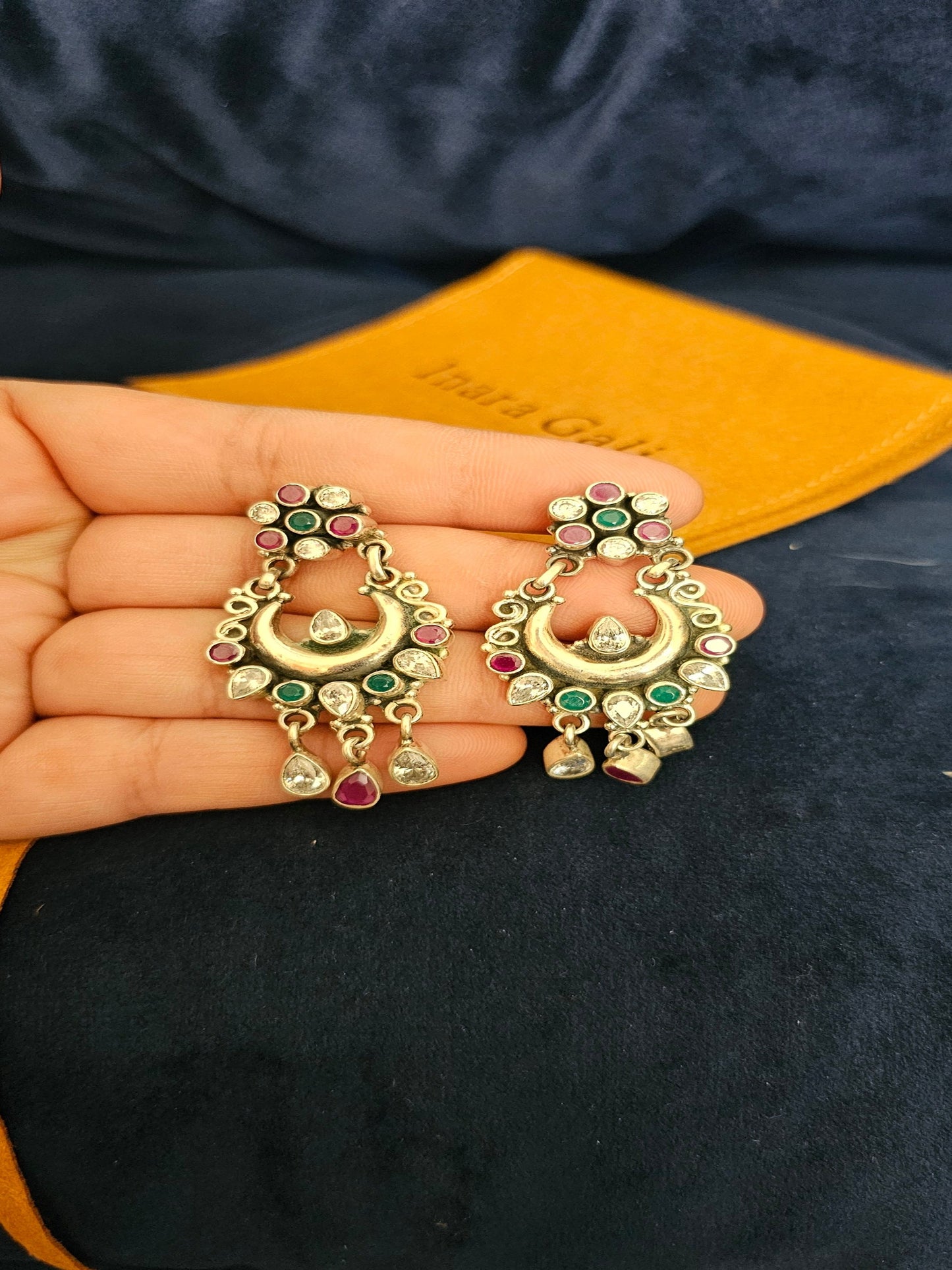 U-Shape Stone Studded Silver Jhumka Earring - Inara Gali