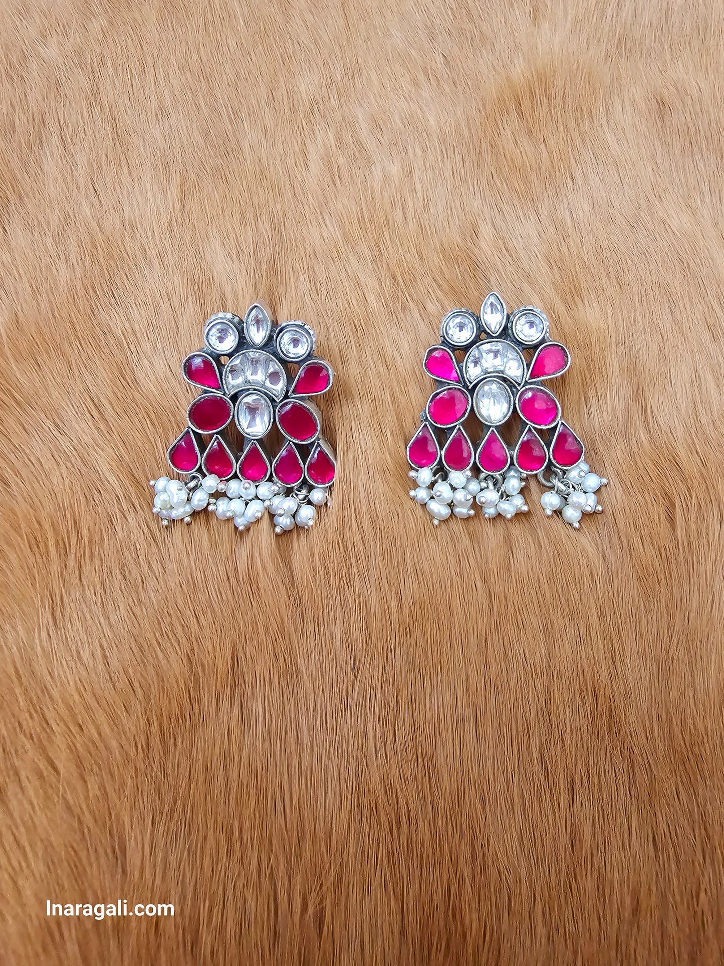 Pink And White Statement Kundan Stud-Inaragali