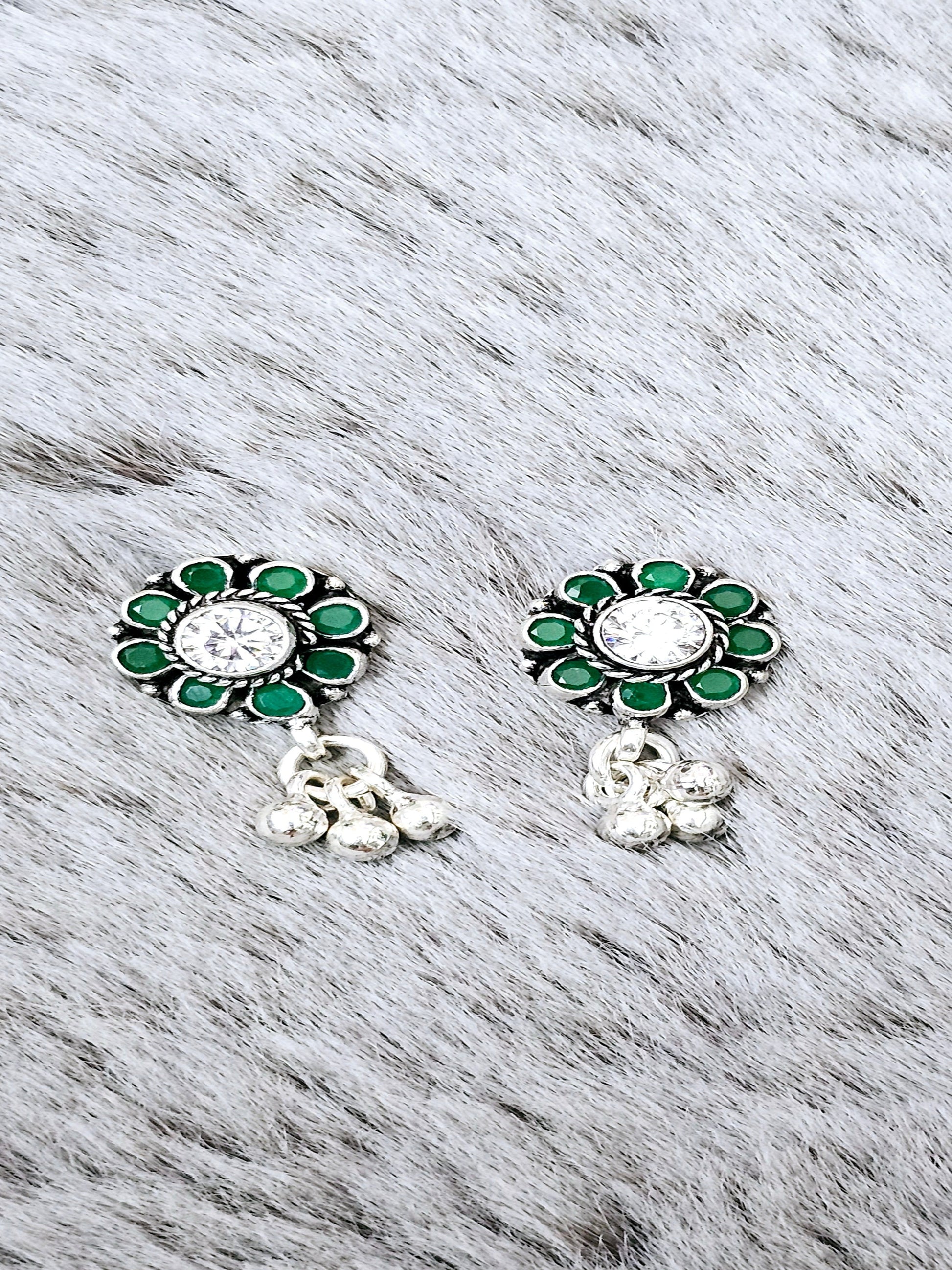 Colorful Cut Stone Flowery Silver Earring With Simple Drops.