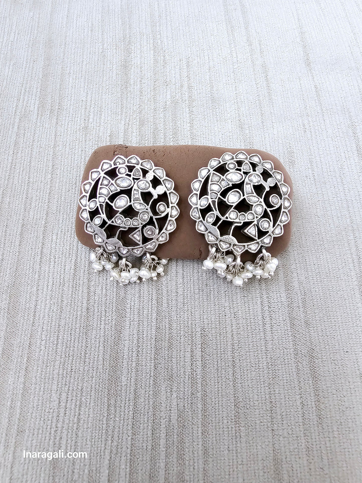 Crystal White Dangling Beads Statement Kundan Stud-Inaragali