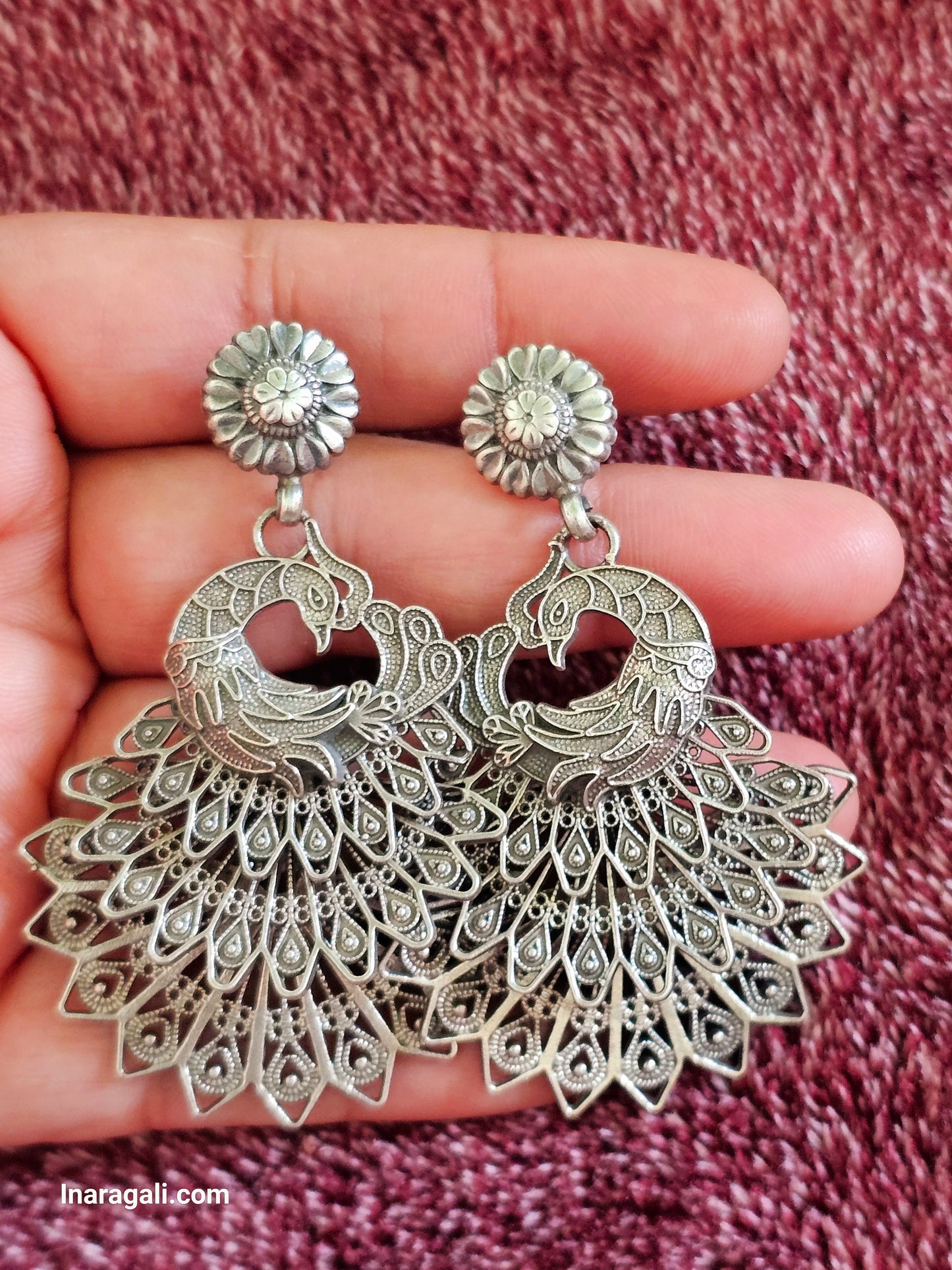 Silver Peacock Feather Train Earring