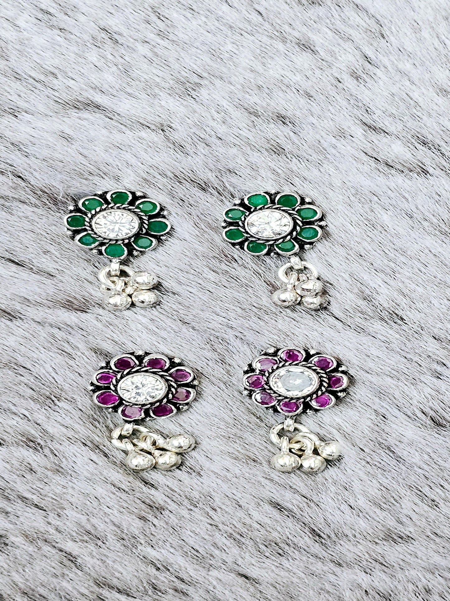 Colorful Cut Stone Flowery Silver Earring With Simple Drops.