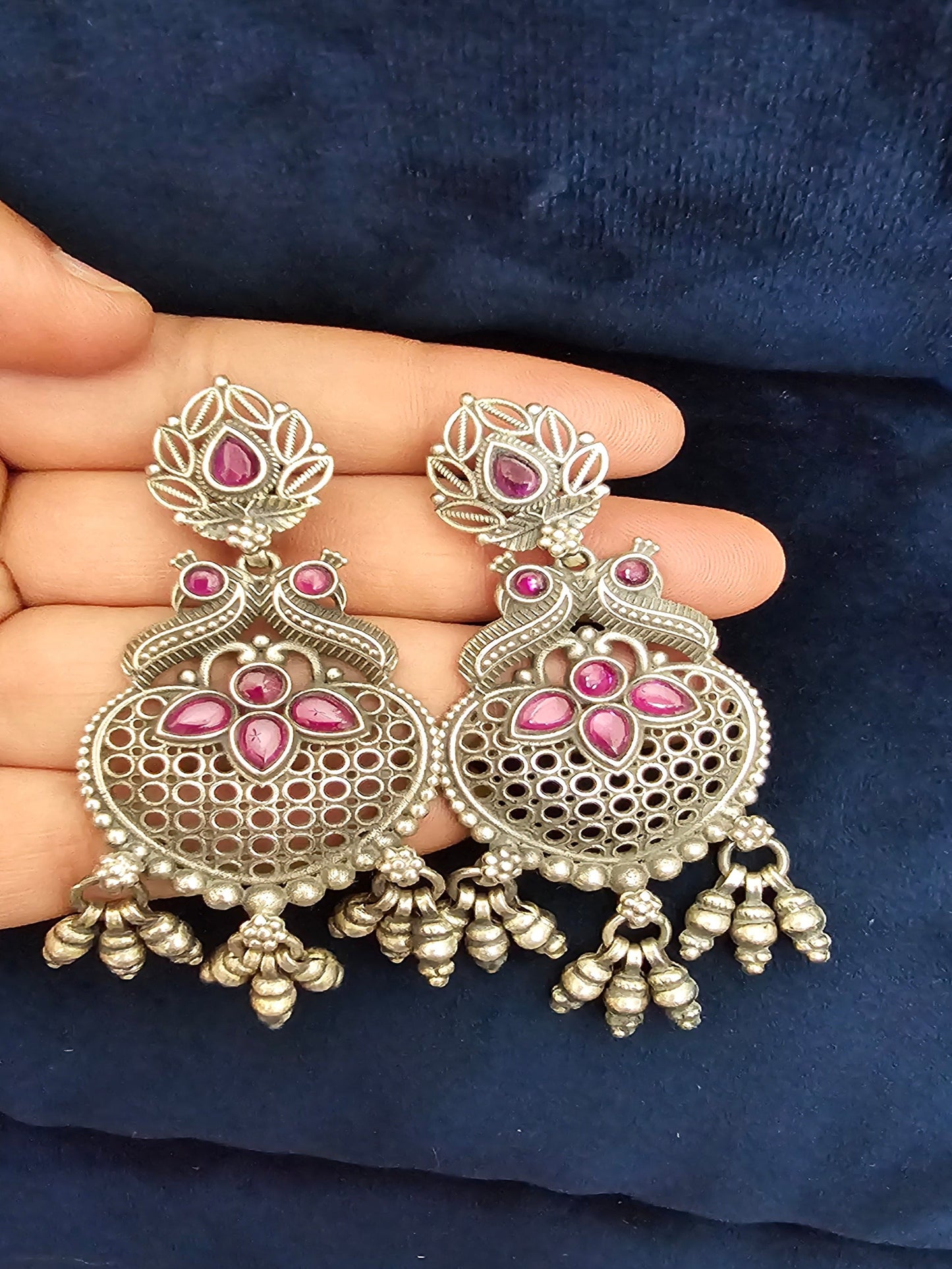 Dual Peacock Net Oxidize Silver Jhumka Earring