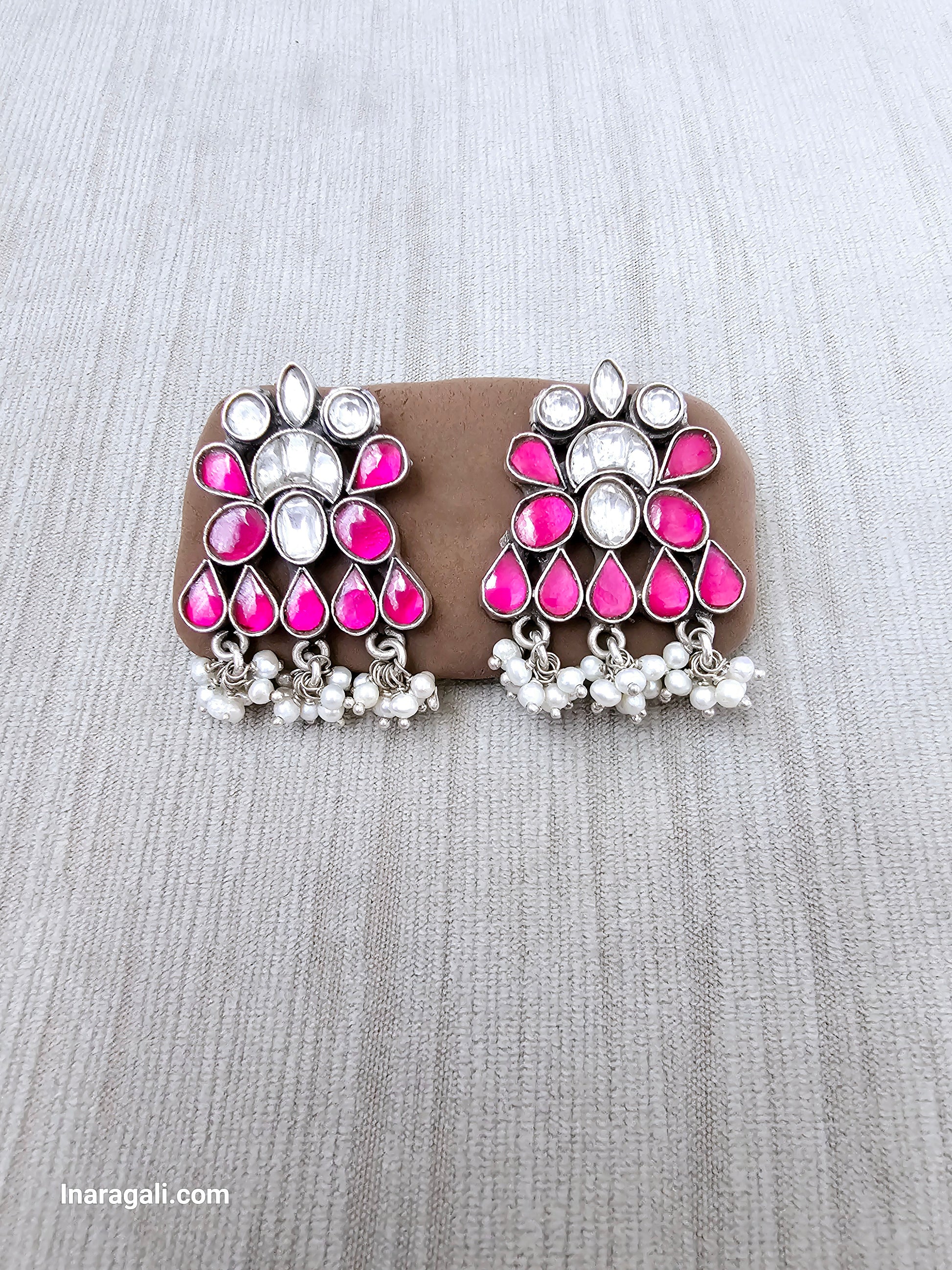 Pink And White Statement Kundan Stud-Inaragali