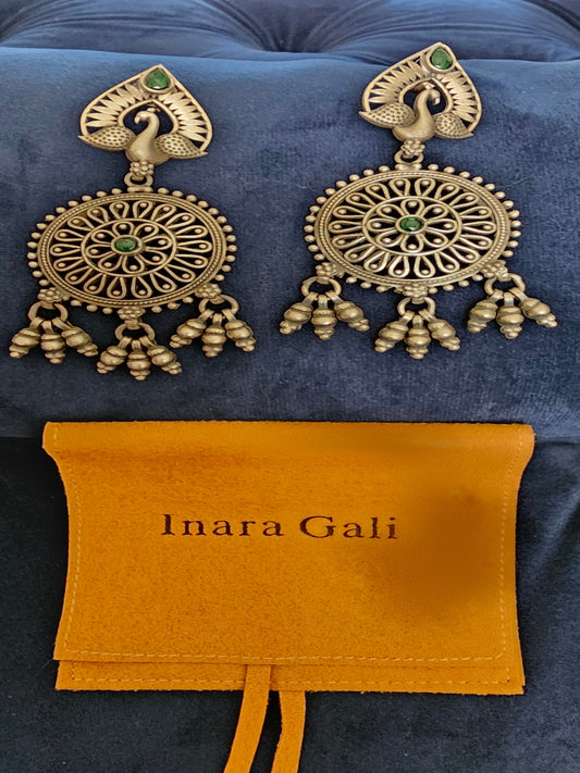 Peacock With Round Circle Oxidize Silver Jhumka Earring