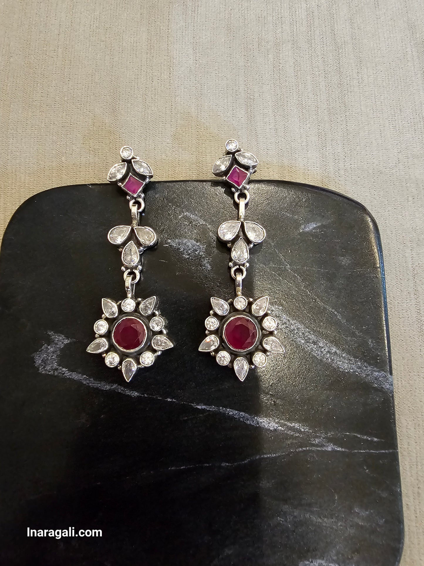 Dazzling White & Red Stone Drop Earring Jhumka-Inaragali