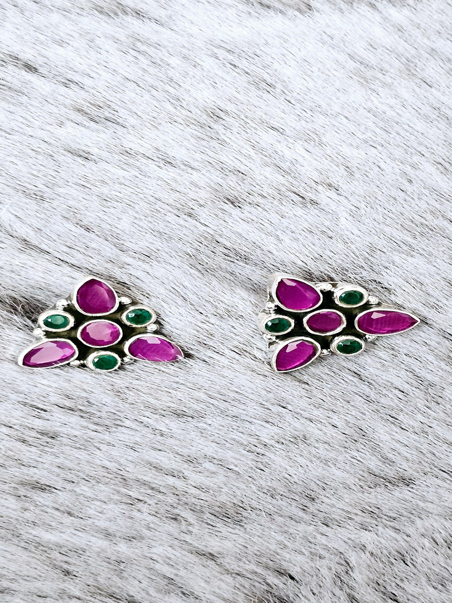 Colorful Tringle Cut Stone Silver Earring.