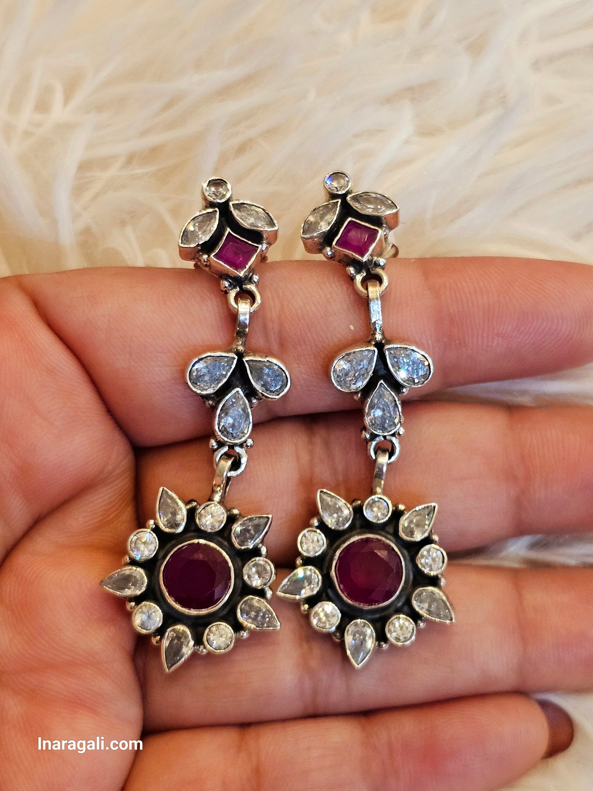 Dazzling White & Red Stone Drop Earring Jhumka-Inaragali