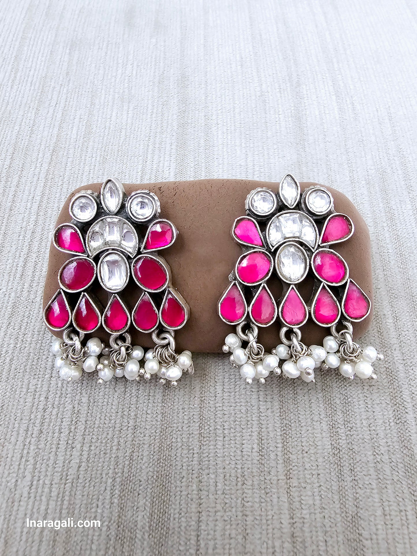 Pink And White Statement Kundan Stud-Inaragali