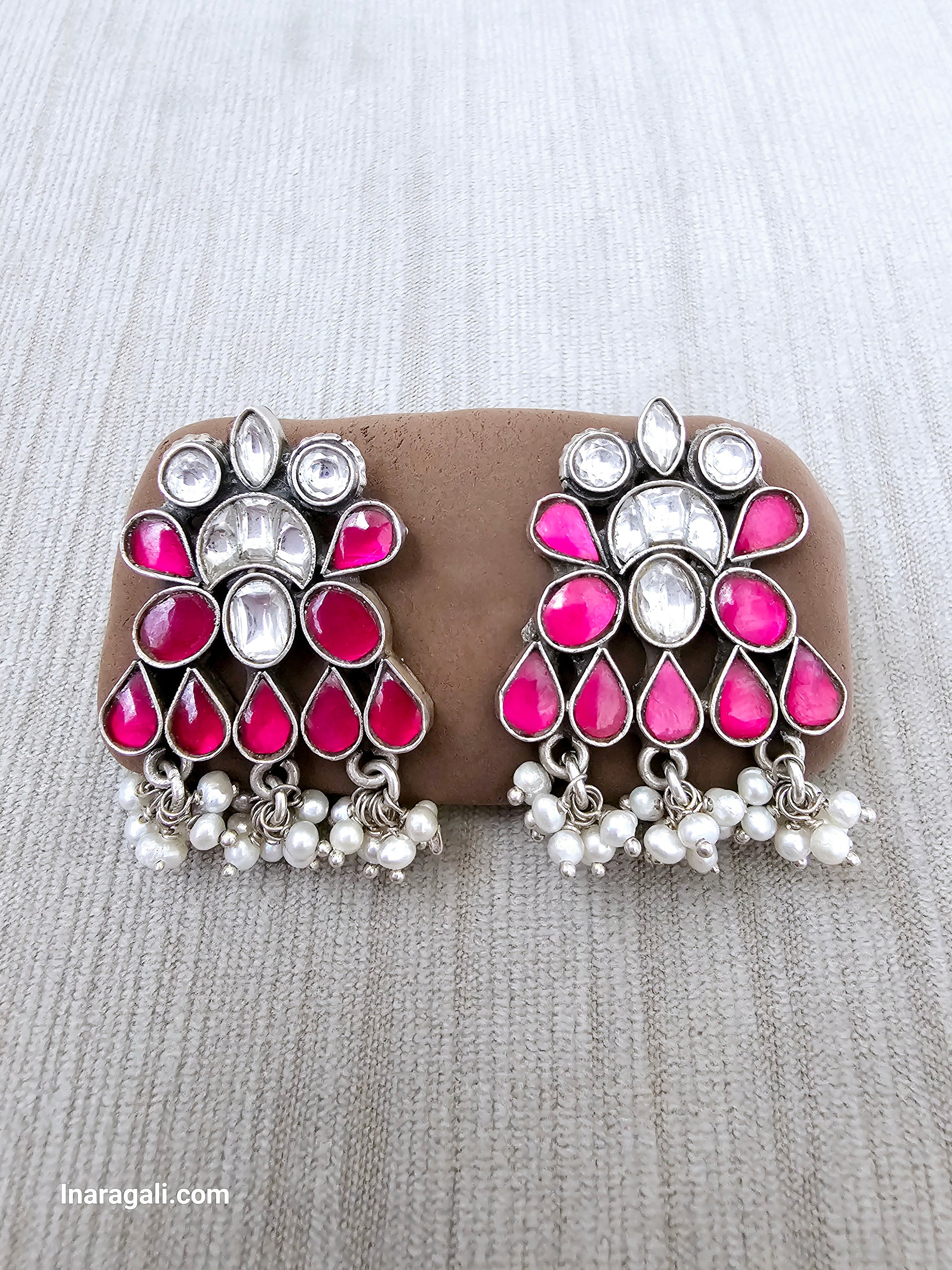 Pink And White Statement Kundan Stud-Inaragali