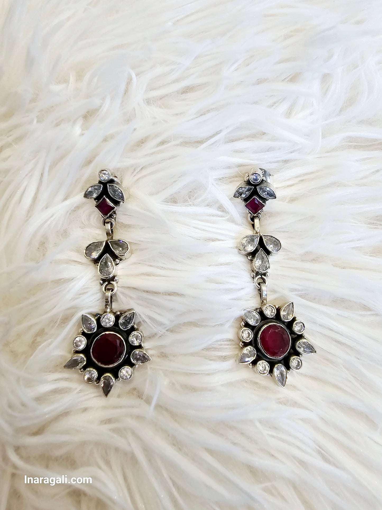 Dazzling White & Red Stone Drop Earring Jhumka-Inaragali