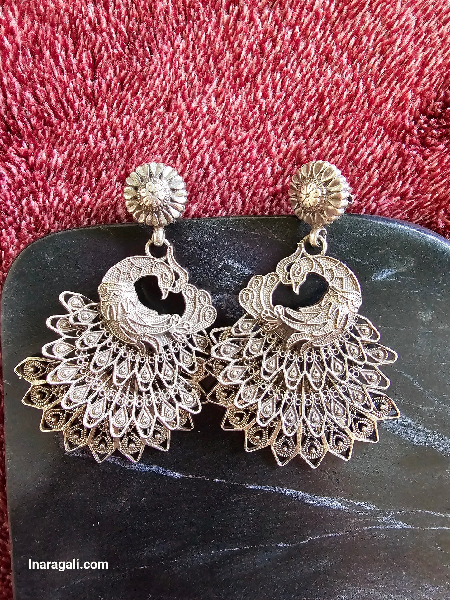 Silver Peacock Feather Train Earring