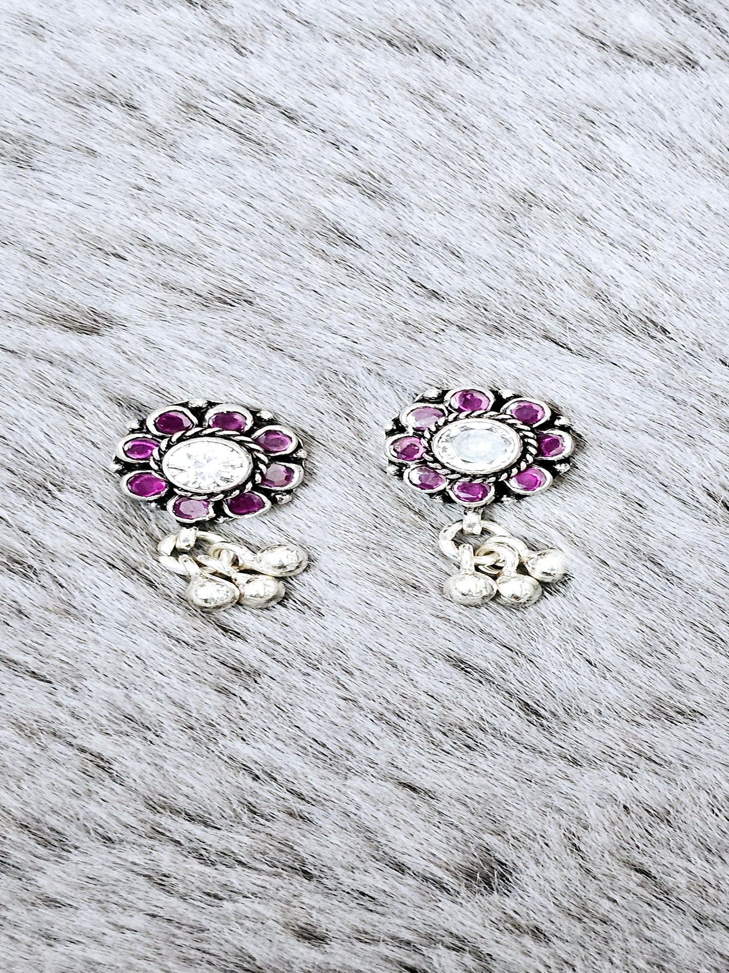 Colorful Cut Stone Flowery Silver Earring With Simple Drops.