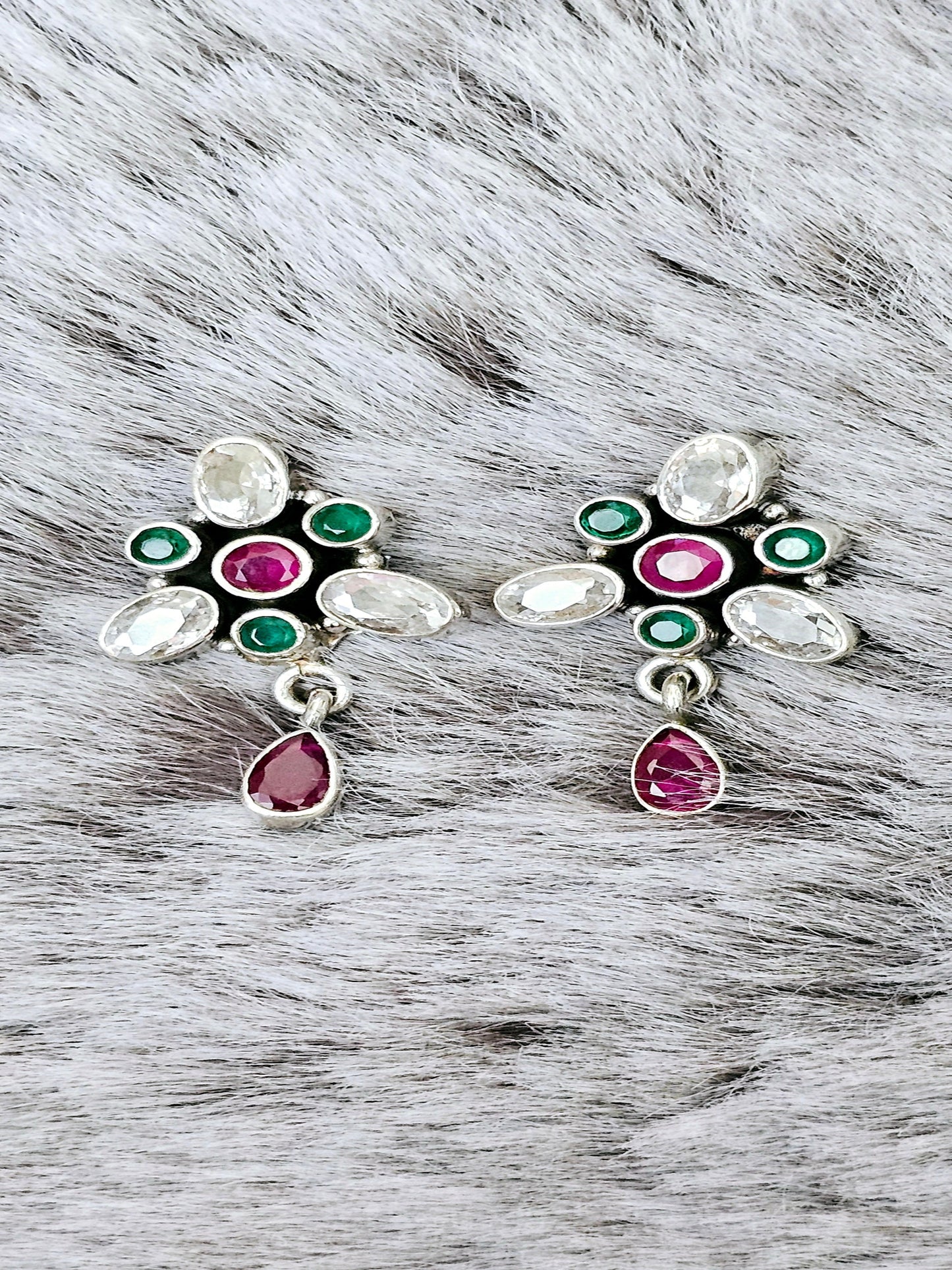 Colorful Tringle Cut Stone Silver Earring.