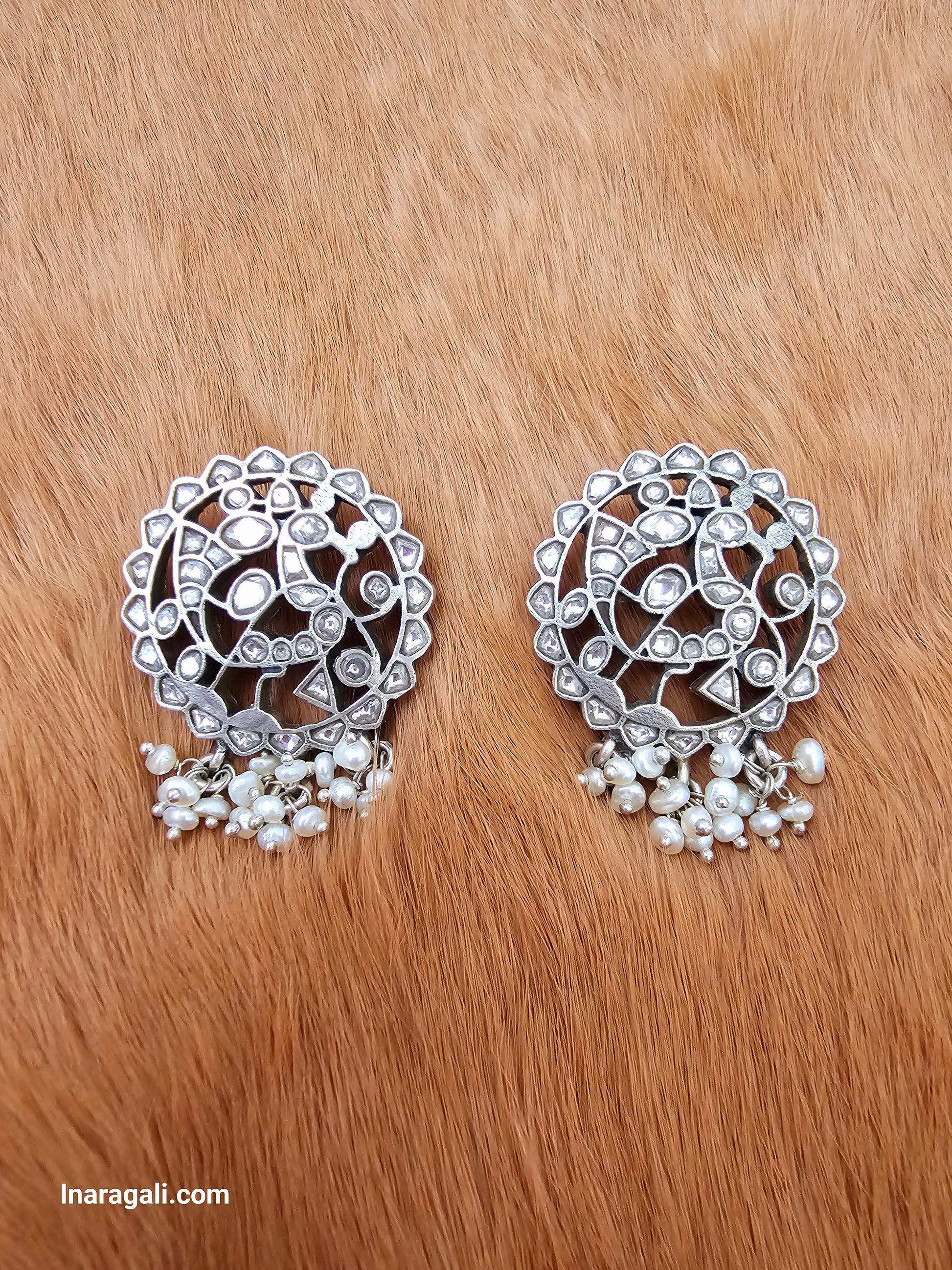 Crystal White Dangling Beads Statement Kundan Stud-Inaragali