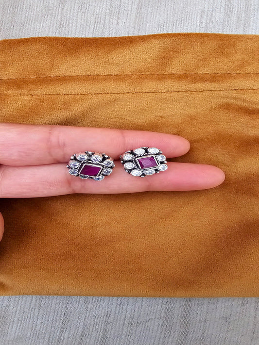 Sparkling Red And White Stonework Silver Stud Earring