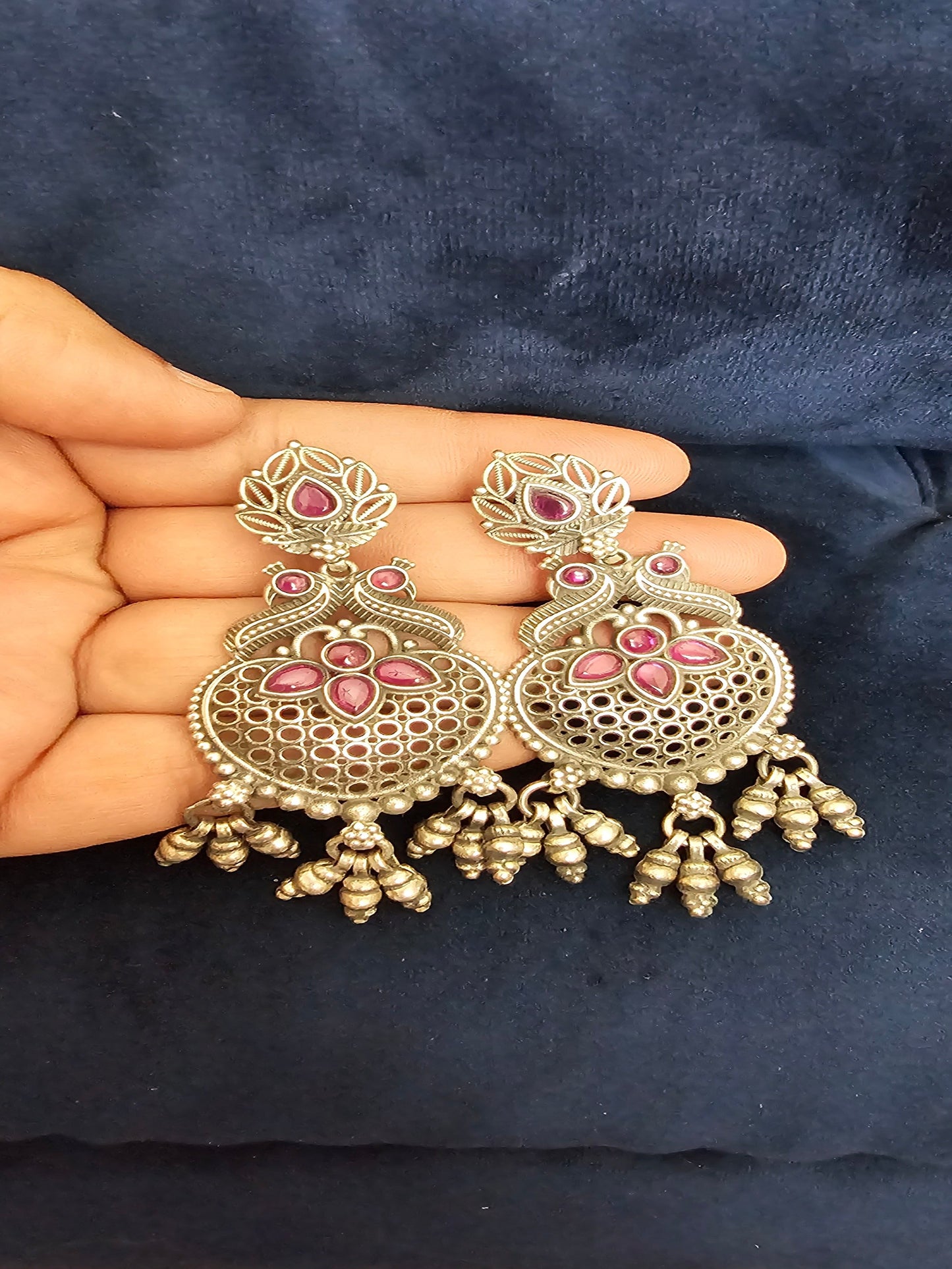 Dual Peacock Net Oxidize Silver Jhumka Earring